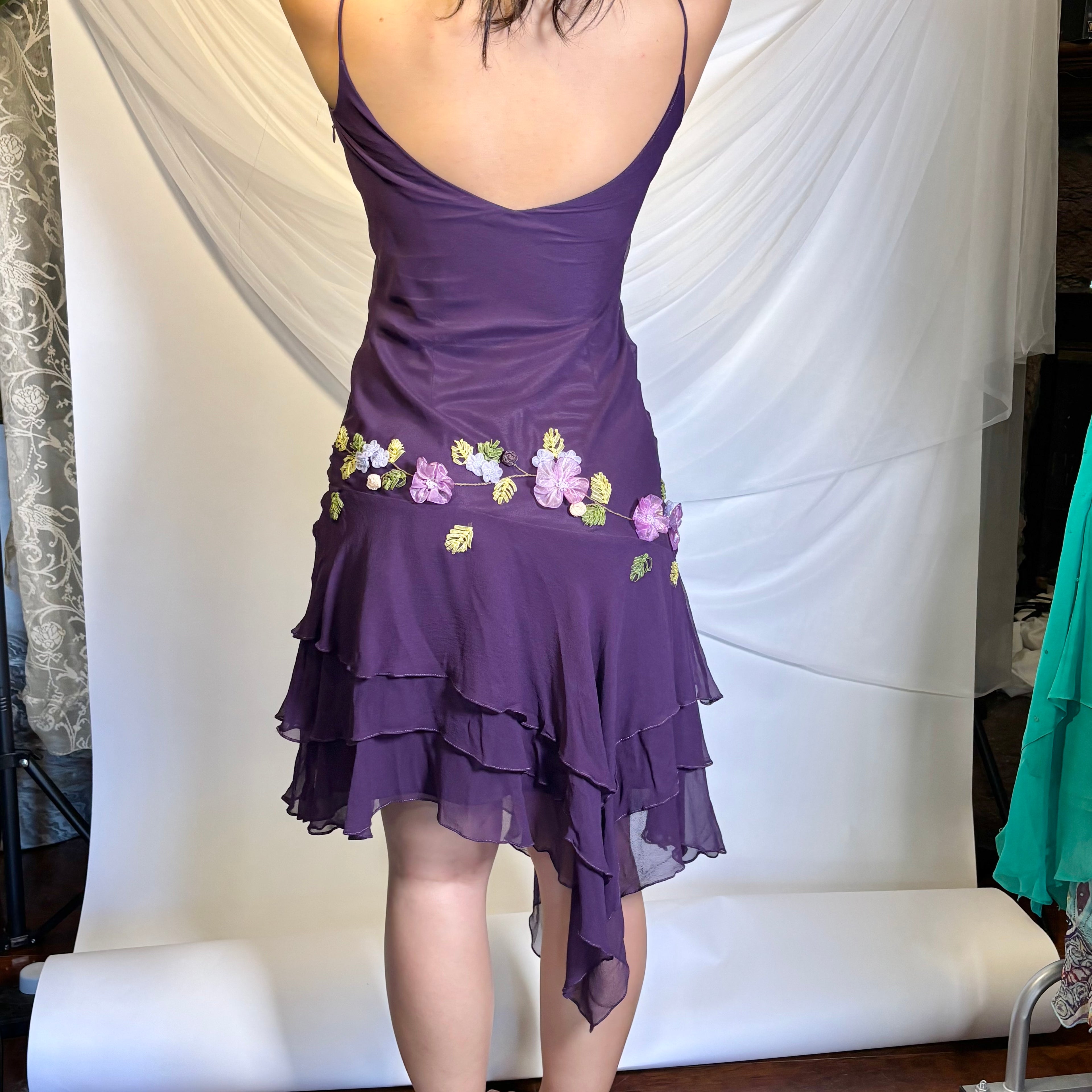 Vintage 100% Silk 3D Floral Embroidered Asymmetrical Dress + Shawl