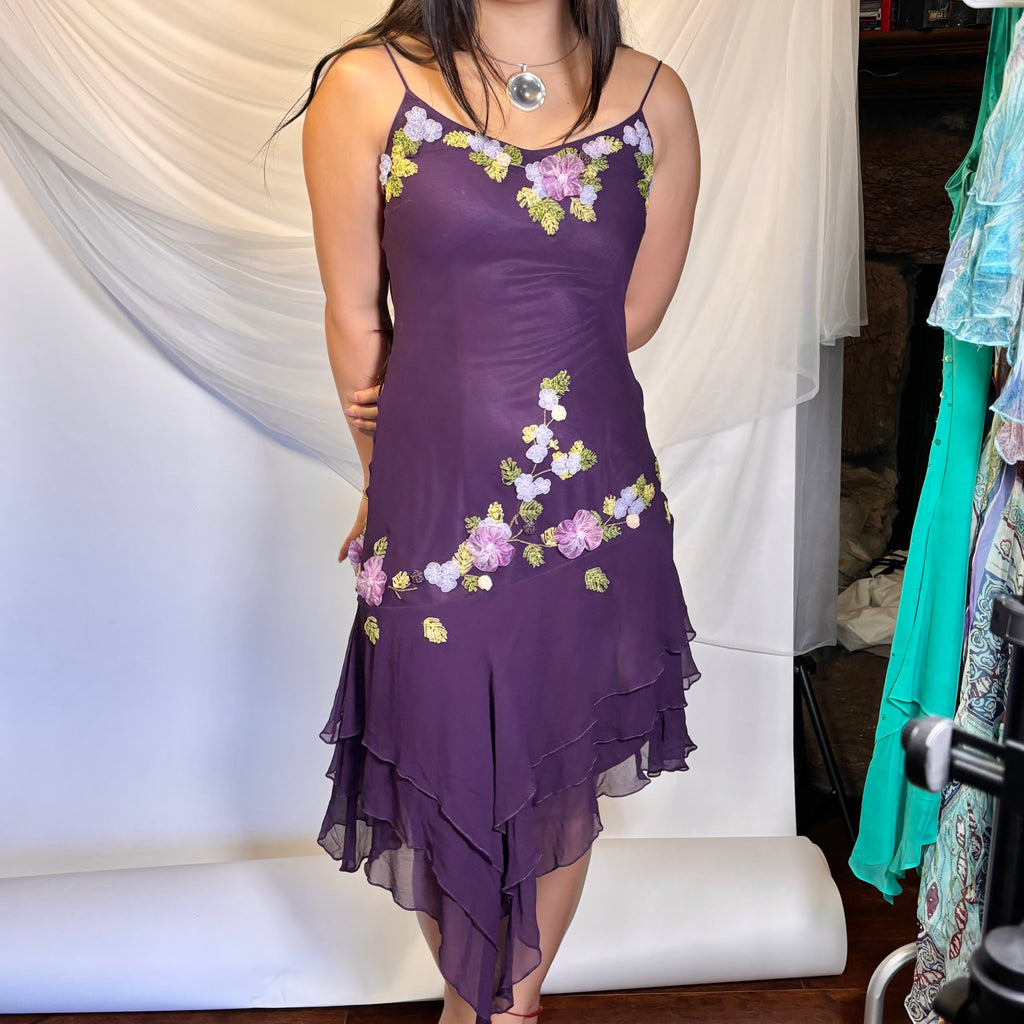 Vintage 100% Silk 3D Floral Embroidered Asymmetrical Dress + Shawl