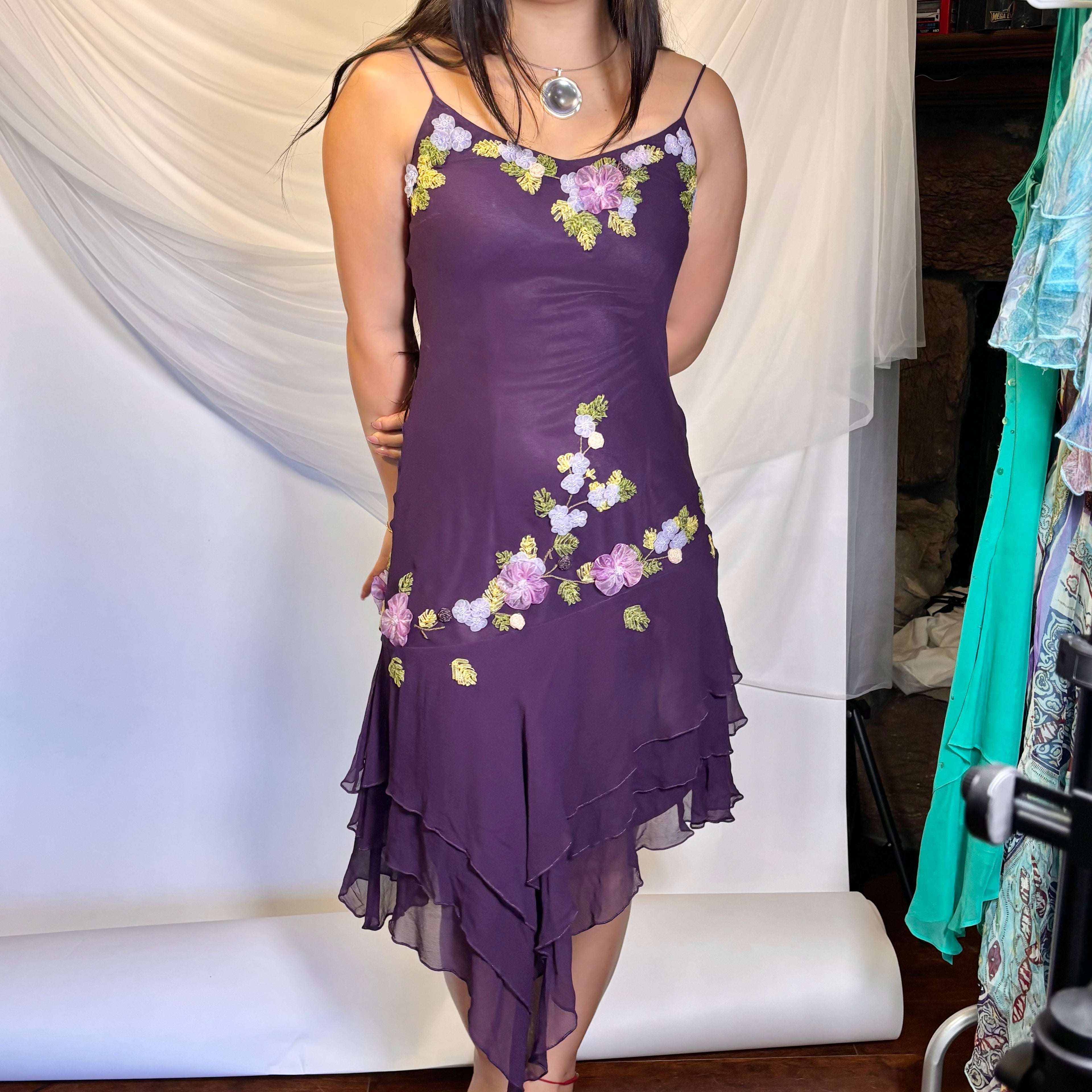 Vintage 100% Silk 3D Floral Embroidered Asymmetrical Dress + Shawl